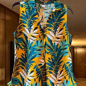 Liz Claiborne Mustard Yellow Tropical Leaf Sleeveless Collared top